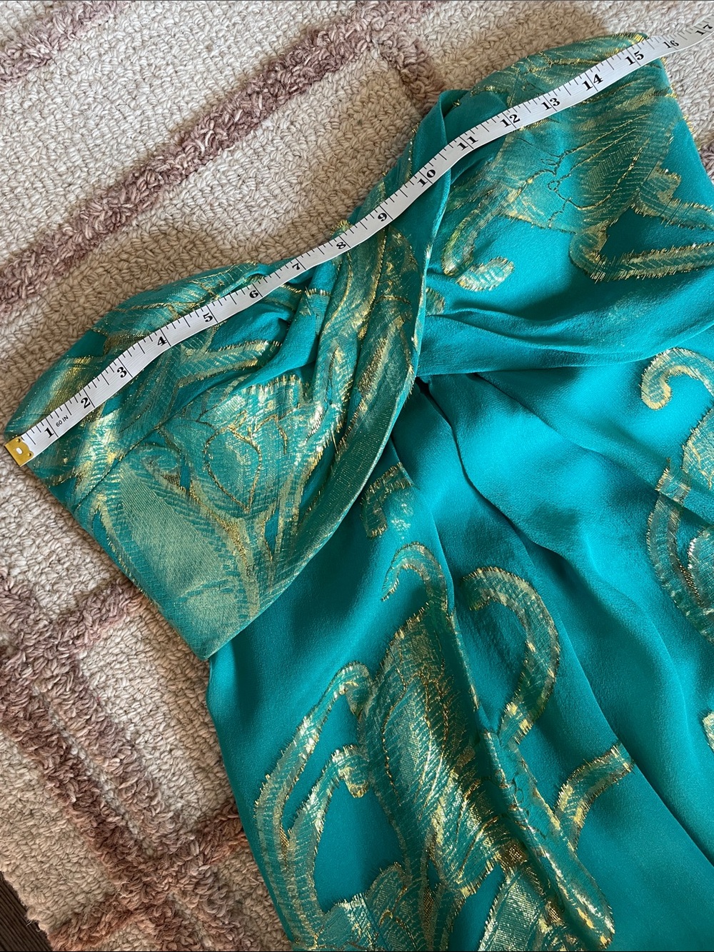 NWT Silk Nicole Miller Teal Strapless Maxi Dress Gold Foil Detail Size 6 - Picture 9 of 14